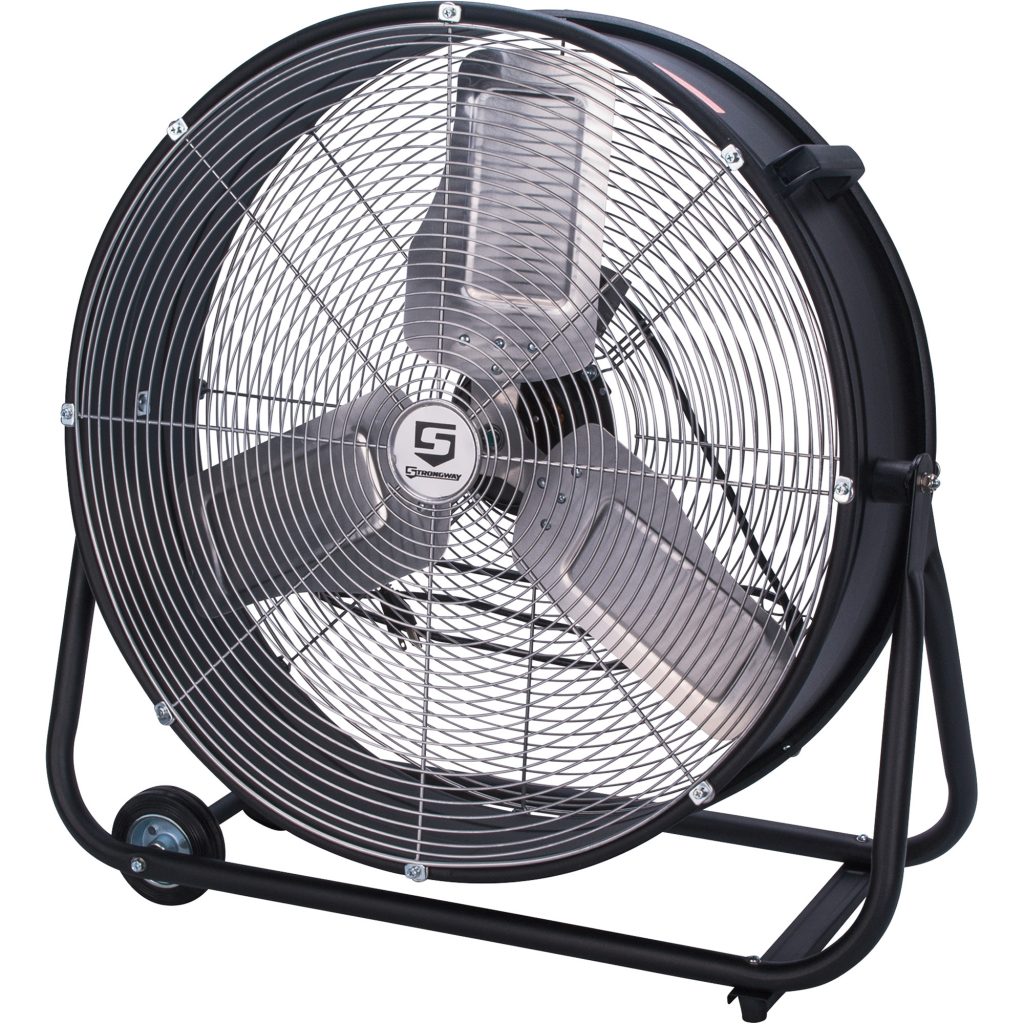 shop fan with low profile stand and rollers