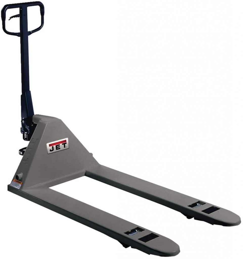 gray pallet jack with black handle