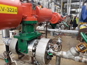 Floating ball valve installed in a high-temperature application.