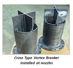 Cross type vortex breaker installed on at nozzles.
