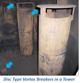 Disc type vortex breaker deployed on a tower outlet