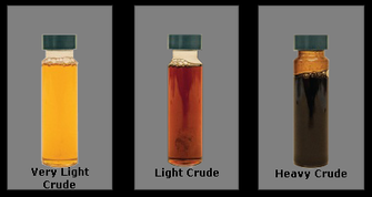 API Gravity classifications of crude oil - from the right very light crude with yellowish color, light crude with brown color and heavy crude with darker brown to black color