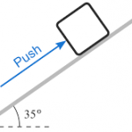 a block of mass 22kg is pushed up a frictionless ramp by a force of 175 n
