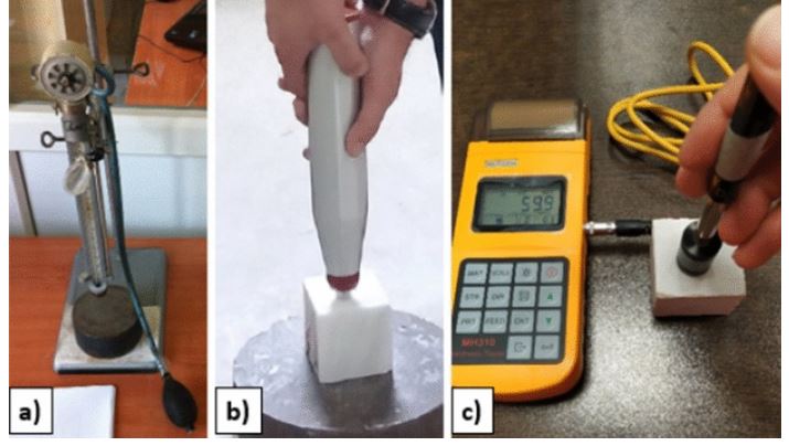 Portable testing devices: (a) Scleroscope (b) Schmidt Hammer (c) Leeb Hardness